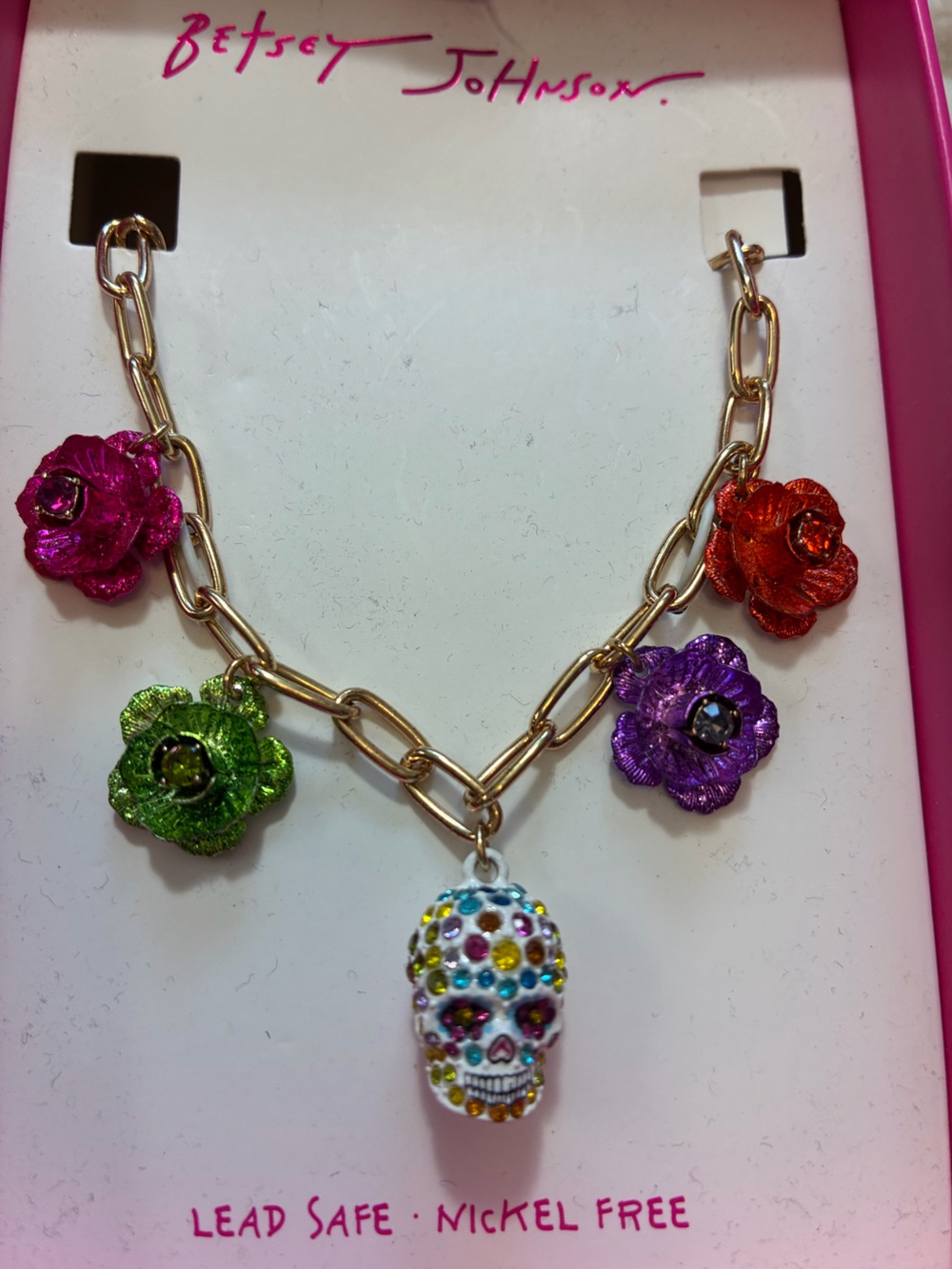 Betsey Johnson Sugar Skull Charm Necklace NIB Halloween Day of Dead
